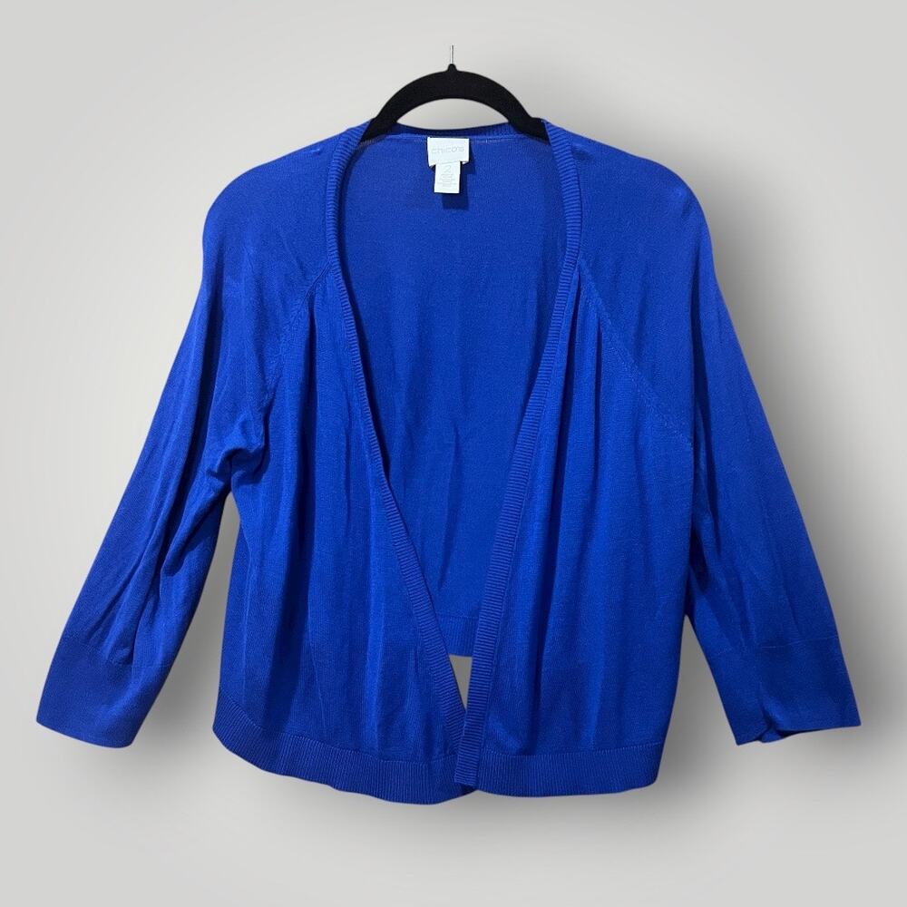 Chicos Cardigan Sz: 2/Large Lightweight Open Front Blue Flowy Fit Cropped Length